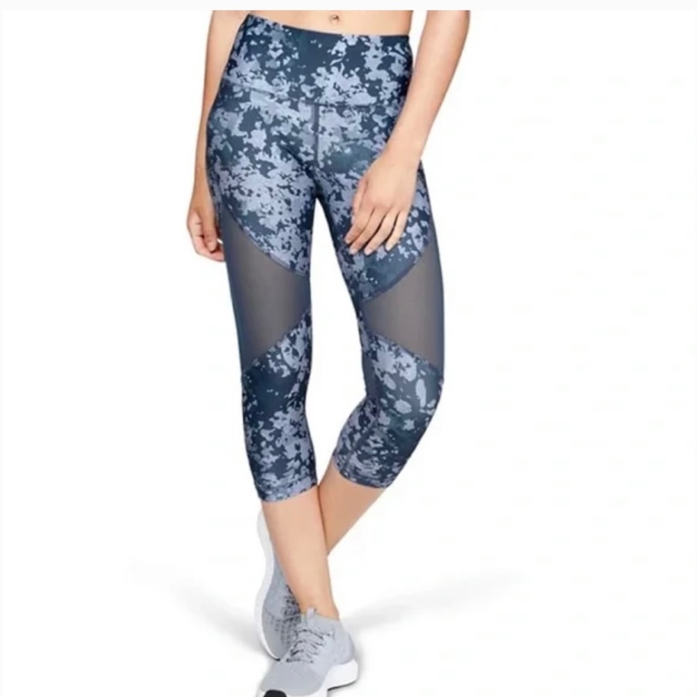 Under Armor Blue 3/4 Leggings Size L Compression Leggings ~ Mesh Mid Rise Capri